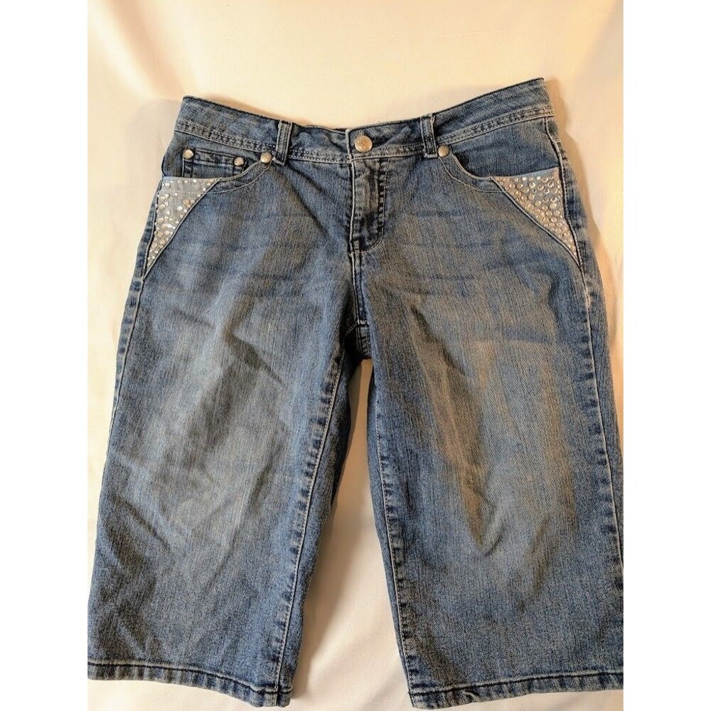 Style&Co Capri Jeans Women 8 Blue Denim Rhinestone Pocket Embellished Shorts